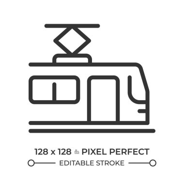 Tram pixel perfect line icon. Streetcar public vehicle. Passenger transportation in urban area. Light rail. Isolated vector illustration. Outline symbol. Simple linear drawing. Editable stroke