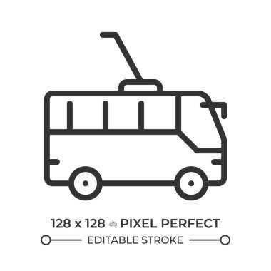 Trolleybus pixel perfect line icon. Urban electric vehicle. Passenger transporting service. Eco friendly machine. Isolated vector illustration. Outline symbol. Simple linear drawing. Editable stroke