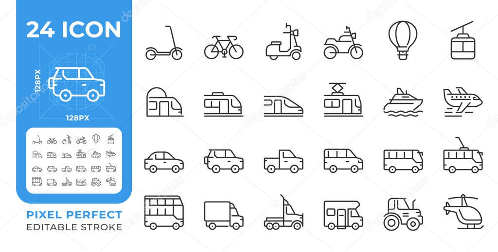 Vehicles pixel perfect line icons set. Machines designed to transport people and cargoes. Riding, delivery service. Isolated vector outline illustrations. Thin lineart iconset symbols. Editable stroke