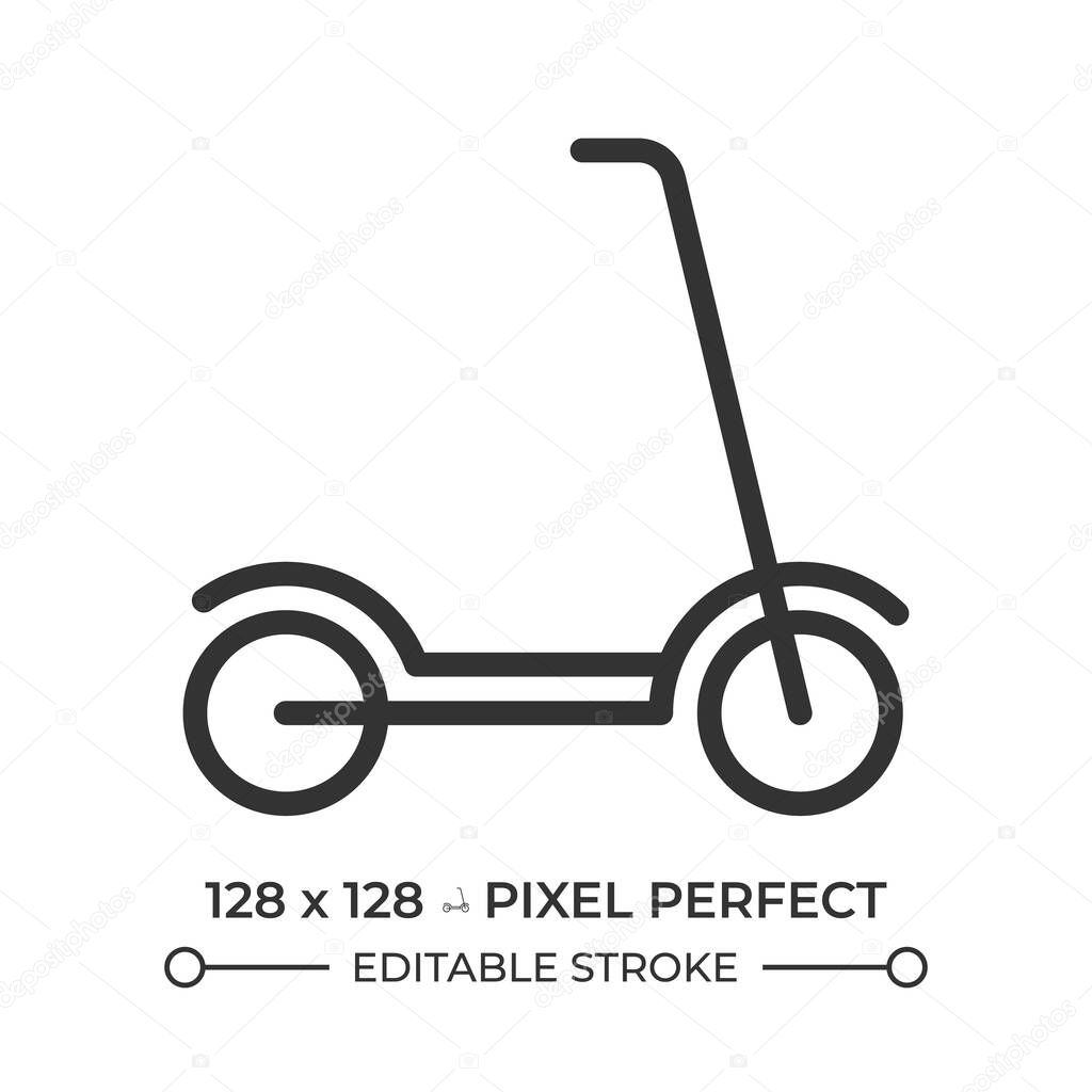 Kick scooter pixel perfect line icon. Electric scooter sharing. Human powered two wheeled vehicle. Ecology care. Isolated vector illustration. Outline symbol. Simple linear drawing. Editable stroke