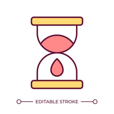 Perimenopoz çizgi renk simgesi. Kan damlalı kum saati. Düzensiz adet döngüleri. Beklenmedik dönemler. Menopoz aşaması. İzole vektör çizimi. Düz renkli sembol tasarımı. Düzenlenebilir vuruş