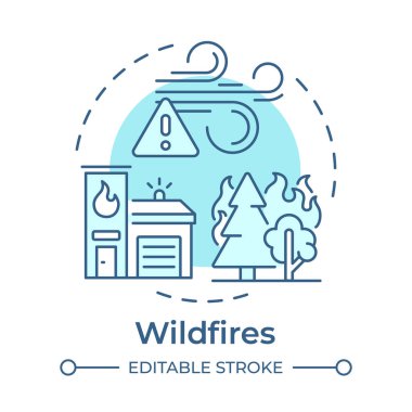 Vahşi yangınlar yumuşak mavi konsept ikonu. Orman yangını. Felaket önleme, ekoloji. Doğa, çevre. Yuvarlak şekil çizimi. Soyut bir fikir. Grafik tasarımı. Broşürde kullanması kolay, kitapçık.