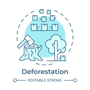Ormanların yok edilmesi, yumuşak mavi kavram ikonu. Yasadışı ağaç kesme, kereste. Orman hasarı, çevre. Yuvarlak şekil çizimi. Soyut bir fikir. Grafik tasarımı. Broşürde kullanması kolay, kitapçık.