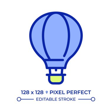 Sıcak hava balonu pikseli mükemmel çizgi renk simgesi. Romantik klasik uçak. Turistlerin ilgisini çekiyor. Eski moda seyahat. İzole vektör çizimi. Düz renkli sembol tasarımı. Düzenlenebilir vuruş
