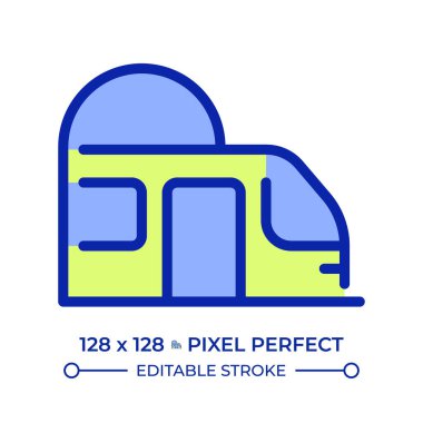 Metro treni pikseli mükemmel çizgi renk simgesi. Yeraltı toplu taşımacılığı. Yolcular için demiryolu aracı. Metro sistemi. İzole vektör çizimi. Düz renkli sembol tasarımı. Düzenlenebilir vuruş