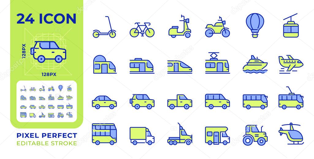 Vehicles pixel perfect line color icons set. Machines designed to transport people and cargoes. Riding, delivery service. Vector illustrations. Simple flat colorful symbols collection. Editable stroke