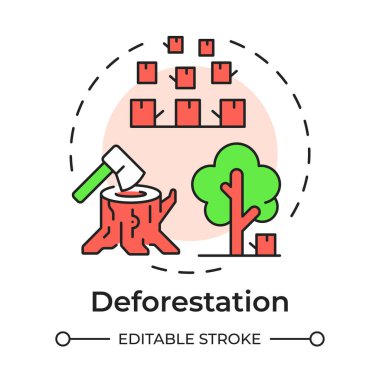 Ormanların yok edilmesi çok renkli konsept ikonu. Yasadışı ağaç kesme, kereste. Orman hasarı, çevre. Yuvarlak şekil çizimi. Soyut bir fikir. Grafik tasarımı. Broşürde kullanması kolay, kitapçık.