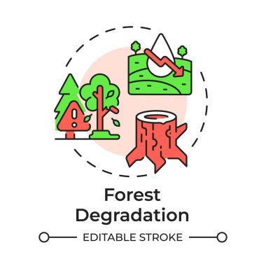 Orman bozulması çok renkli konsept simgesi. Su kirliliği, ormansızlaşma. İklim değişikliği, yasadışı ağaç kesme. Yuvarlak şekil çizimi. Soyut bir fikir. Grafik tasarımı. Kitapçıkta kullanması kolay