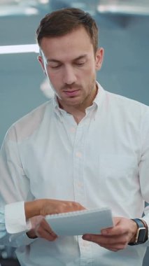 Modern ofis ortamındaki kritik notları özenle inceleyen kendini adamış ve odaklanmış bir profesyonel.