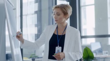 Kendine güveni olan bir kadın, fikirleri özenle sunmak, iletişim yeteneklerini sergilemek ve etkileşimli bir öğrenme ortamı oluşturmak için beyaz tahta kullanır.