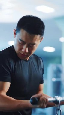 Profesyonel jimnastik salonunda kollarını çalıştıran Asyalı yakışıklı bir adam. Sporcu yaşam tarzı. Sağlıklı rutin. Antrenman yapıyorum. İnsanları eğitmek.
