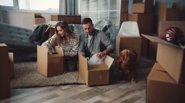 Mutlu ve neşeli bir çift, mutlu bir şekilde köpekleriyle birlikte oturma odasındaki kutuları boşaltıyor.