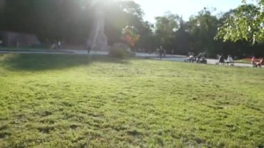 El adamı oyuncak oyunu fırlatır altın labrador ile parkta koşar sevimli hayvan doğası sevimli evcil köpek yavrusu arkadaşça günbatımı yakışıklı sarışın arkadaşlar