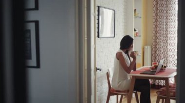Genç, güzel bir mulatta kadın bilgisayarın başında oturmuş görüntülü konuşma yapıyor. Evde, mutfakta. Mutlu hissettiriyor. Müdürüm. RED Epic Camera 'da Çekim.
