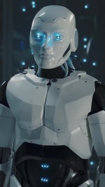 Yüksek teknoloji bilgisayar ofis sunucu odasında sibernetik otomatik akıllı akıllı robot işçisi. Sunucu rafları. Veri merkezi. Yapay zeka. Gelecekçi kavram.