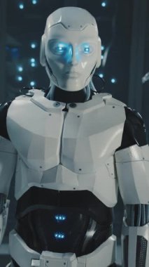 Veri merkezinin yüksek teknolojili dijital ofisinde duran otomatikleştirilmiş robot robot robot işçi. Sunucu odasında robotlar var. Yapay zeka.