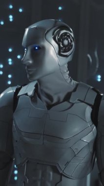 Veri merkezi. Yapay zeka. Yüksek teknoloji bilgisayar ofis sunucu odasında çalışan sibernetik robot yönetici portresi. Veritabanı. Gelecek ve teknoloji..