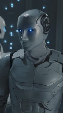 Yüksek teknoloji bilgisayar ofisindeki sibernetik robot akıllı otomatik işçinin portresi. Sunucu rafları. Veri merkezi. Geleceğin teknolojisi. Yapay zeka.