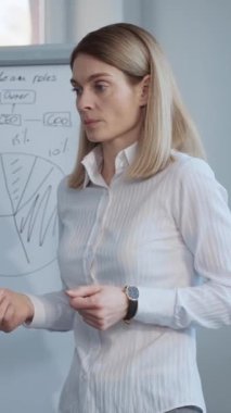 Çizim tahtasının yanında duran kadın çalışanın görüntüsü sunum sırasında diyagramlarda işaretle görülüyor. Meslektaşlarının önünde resmi kıyafetlerle konuşan genç bir kadın. Ofis personeli. Kapalı