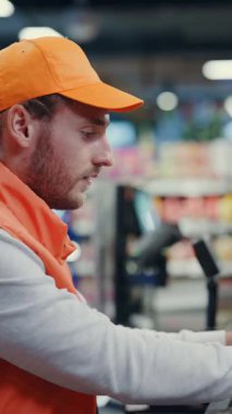 Genç bir kadın kasiyer dükkanına yiyecek koyuyor. Sakallı, çekici, kibar kasiyer müşteriye hizmet ediyor. Süpermarket kavramı.