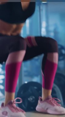 Eğik ve kalça kasları için antrenman yapan çekici beyaz kadın spor salonunda spor yapan kutuların üzerinde zıplıyor. Profesyonel bayan antrenör..