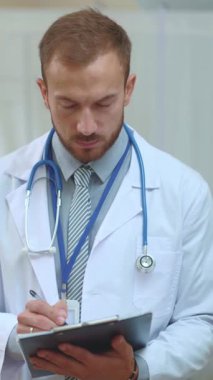 Kendini adamış ve odaklanmış beyaz önlük giymiş bir doktor sağlık hizmetlerine önemli notlar yazıyor.