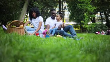 Yeşil çimenleri olan harika bir parkta piknik yapan hoş bir Afrikalı aile. Genç çekici insanlar piknik battaniyesinde yemekle oturuyorlar. Yaz zamanı. Gündüz vakti. Açık havada..