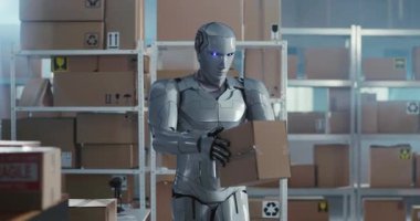 Sibernetik Geleceğin İşçi Robot Koleksiyonu ve Karton Paket Teslimat Kutuları Atölye Profesyonel Modern Postane Servisi 'nde. Gelecek Konsepti.