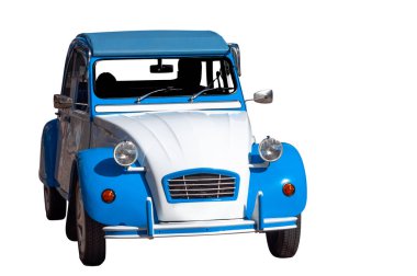 Eski bir antika araba. Beyaz bir arka planda izole edilmiş. Mavi, küçük.