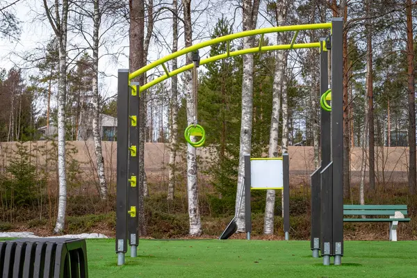 Açık hava spor salonu. Spor simülatörleri. Spor aletleri. Spor için ağırlık antrenman ekipmanlarıyla şehir dışı spor sahası. Spor ve dinlenme alanı. Sokak çalışması.