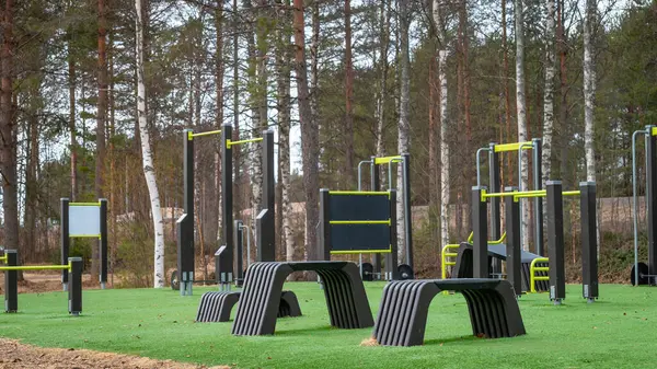 Açık hava spor salonu. Spor simülatörleri. Spor aletleri. Spor için ağırlık antrenman ekipmanlarıyla şehir dışı spor sahası. Spor ve dinlenme alanı. Sokak çalışması.