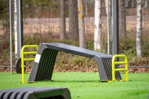 Açık hava spor salonu. Spor simülatörleri. Spor aletleri. Spor için ağırlık antrenman ekipmanlarıyla şehir dışı spor sahası. Spor ve dinlenme alanı. Sokak çalışması.