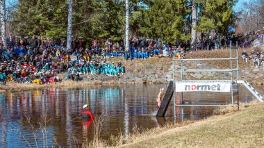 Birinci sınıf öğrencisini alenen soğuk suya atma ritüeli. Mayıs Arifesi - Fin öğrenciler Vappu 'yu kutluyor. Liyakat uygulamaları ve beyaz şapkalı renkli tulumlar giymişti. Oulu, Finlandiya - 2025 Nisan 30
