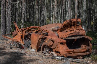 Terk edilmiş, harap olmuş, son derece paslı bir araba orman yolunda.