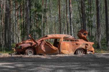Terk edilmiş, harap olmuş, son derece paslı bir araba orman yolunda.