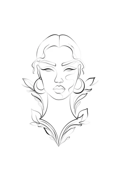 Линия Рисование Женское Лицо Печать Богемные Цветы Настенный Декор Скачать — стоковый вектор