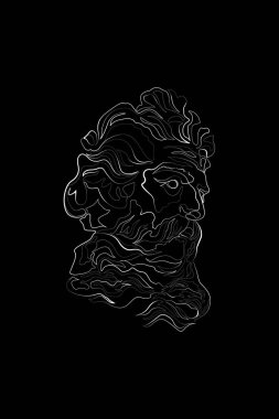 Zeus, God of thunder, sculpture, Printable One Line Drawing, One line drawing sketch Zeus sculpture. Greece mythology statue hand drawn continuous line, ancient greek god. Modern vector art