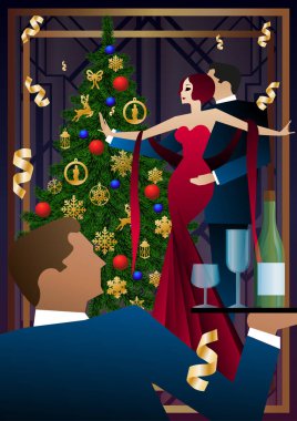 Kostüm giymiş bir çift dans ediyor. Garson bir şişe alkol ve bardak tutuyor. Arka planda Noel ağacı var. vektör illüstrasyonu