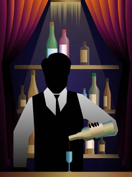 Bartendern Häller Drink Från Flaska Ett Glas Baren Bakgrunden Vektorillustration — Stock vektor