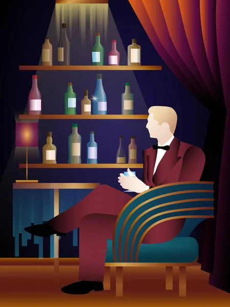 Hombre Beber Alcohol Casa Bar Hombre Personaje Sentarse Sillón Sosteniendo — Vector de stock