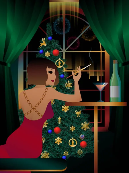Όμορφη Γυναίκα Λαβή Του Τσιγάρου Στυλ Art Deco Διανυσματική Απεικόνιση — Διανυσματικό Αρχείο