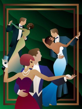 three couples in evening gowns dancing on a green background, poster, ball, style, art deco clipart