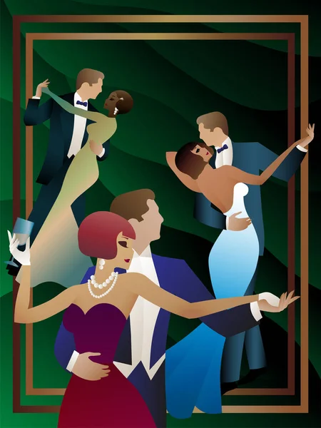 三对穿着晚礼服的情侣在绿色背景 艺术装饰上跳舞 — 图库矢量图片