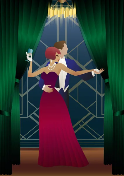 Man Woman Dancing Wallpaper Curtains Party Art Deco Couple Dressed — Stock Vector