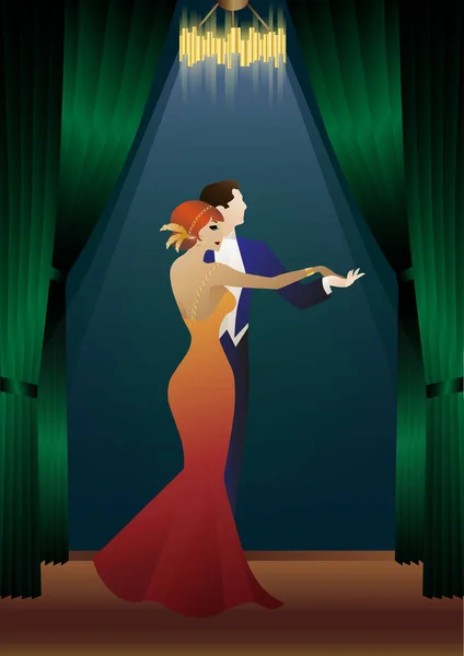Άντρας Και Γυναίκα Χορεύουν Ενάντια Ταπετσαρία Και Κουρτίνες Κόμμα Art — Διανυσματικό Αρχείο