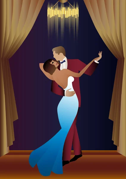 Hombre Mujer Bailando Contra Papel Pintado Cortinas Fiesta Art Deco — Vector de stock