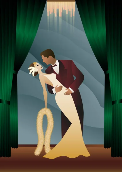 Mężczyzna Kobieta Taniec Przed Tapetą Zasłony Impreza Art Deco Para — Wektor stockowy