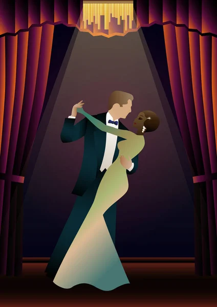 Mann Und Frau Tanzen Gegen Tapeten Und Vorhänge Party Art — Stockvektor