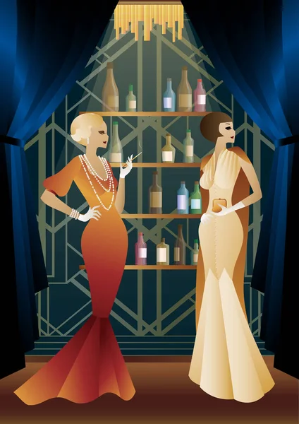 Κορίτσια Παλιά Φορέματα Ράφια Αλκοόλ Vintage Art Deco Style Πρόσκληση — Διανυσματικό Αρχείο