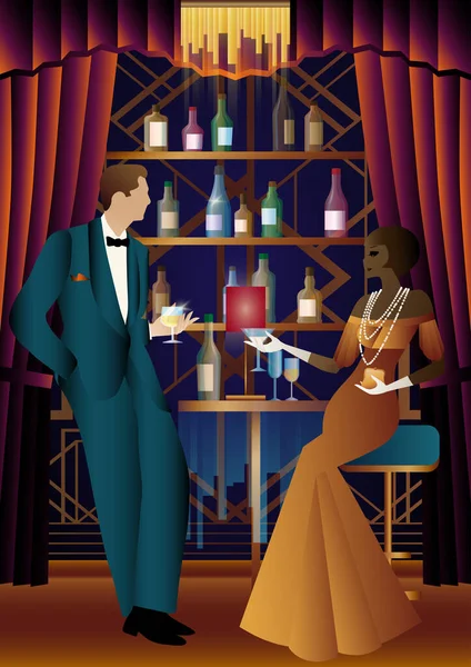 stock vector Lady and gentleman in vintage dresses on the background of shelves with alcohol. Vintage art deco style invitation template design for drink list, bar menu, glamorous event, themed wedding, jazz party